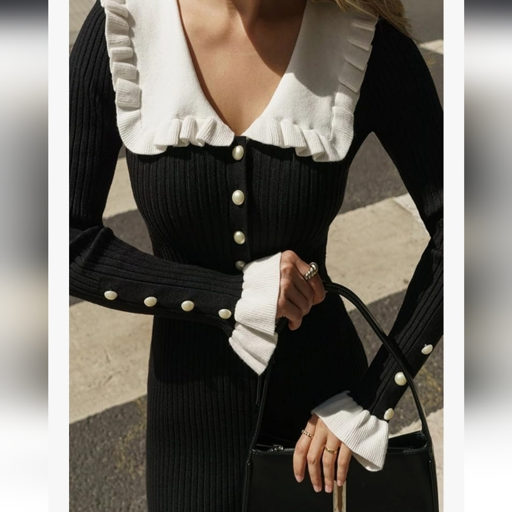 Chic Black and White Long Sleeve Dress - Picture 2 of 16